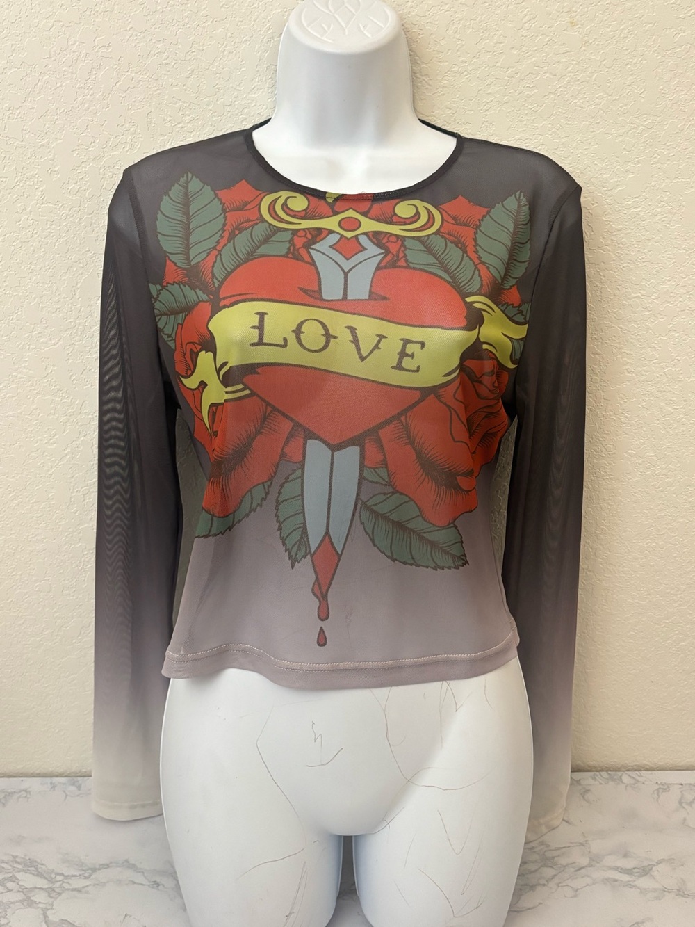 Thirty Single Long Sleeve Semi Sheer Top Women’s L Love Heart Y2K Gray